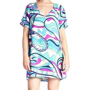 TYCHE Abstract Print Shift Dress Polyester V-Neck Short Sleeve Multicolor M‎